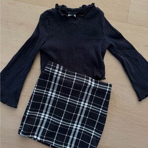 Black Ribbed Ruffle Neck Top & Black White Plaid Mini Skirt Set